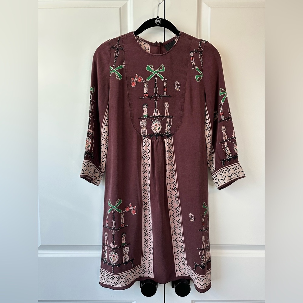 ANNA SUI Women’s Burgundy Cat Doll Bow Long Sleeve Silk Dress Size 2